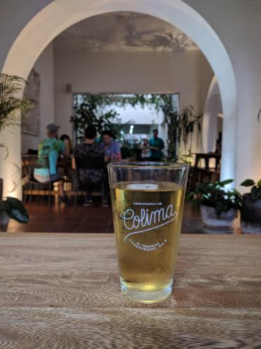 Enjoying a Colima beer, the Cayoco Tropical Ale at Casa Trapiche